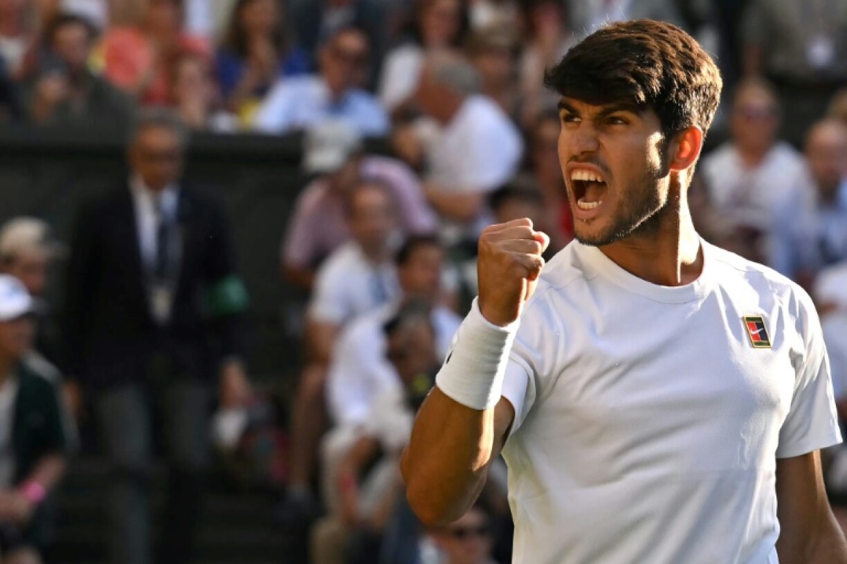 Spain's Carlos Alcaraz celebrates reaching the Wimbledon semi-finals