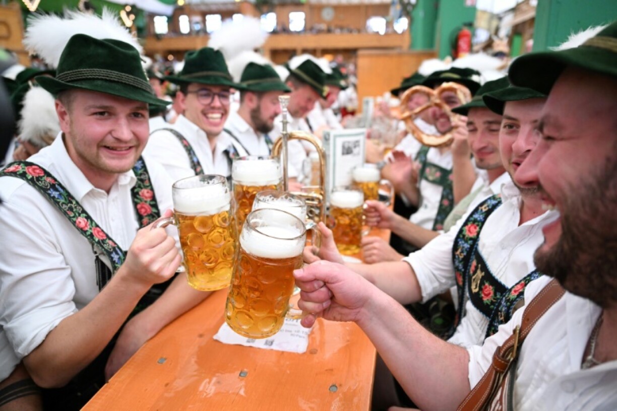 Revellers at Oktoberfest, the world's biggest beer festival, in Munich