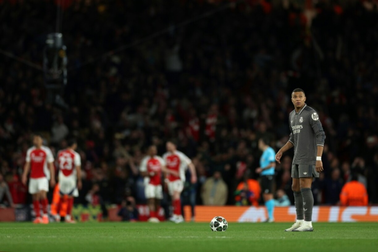 Real Madrid's French forward Kylian Mbappe reacts after Arsenal scored their first goal in the 3-0 win on Tuesday
