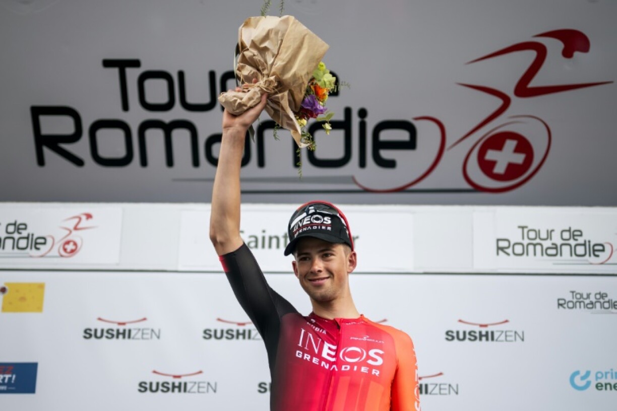 Great Britain's Samuel Watson (Ineos) celebrates his victory in the Tour of Romandie prologue