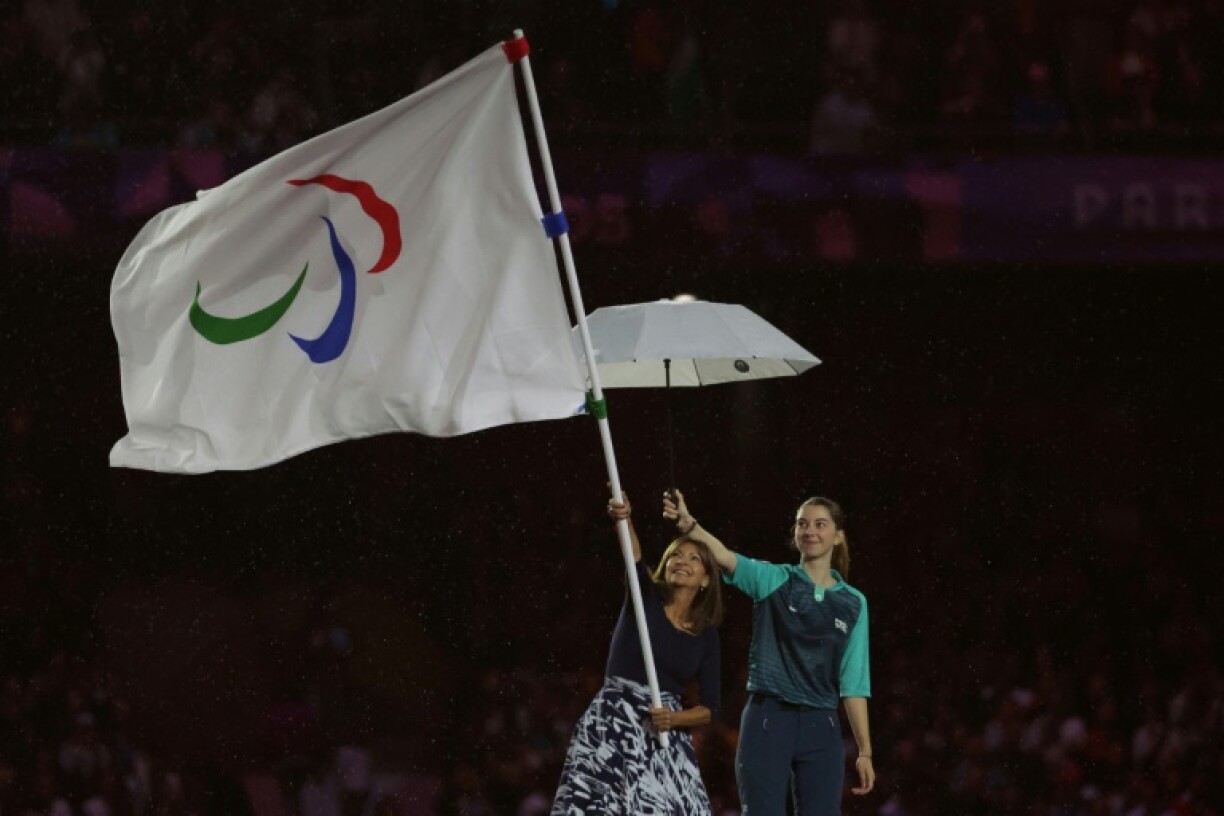 The Paralympic flag flies at the closing ceremony of the 2024 Paralympics in Paris