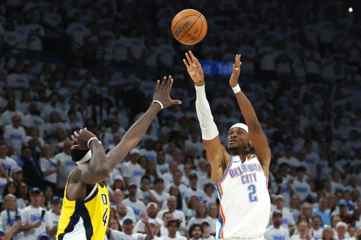 Oklahoma City's Shai Gilgeous-Alexander attempts a shot against Pascal Siakam in the Thunder's loss to the Indiana Pacers in game one of the NBA Finals