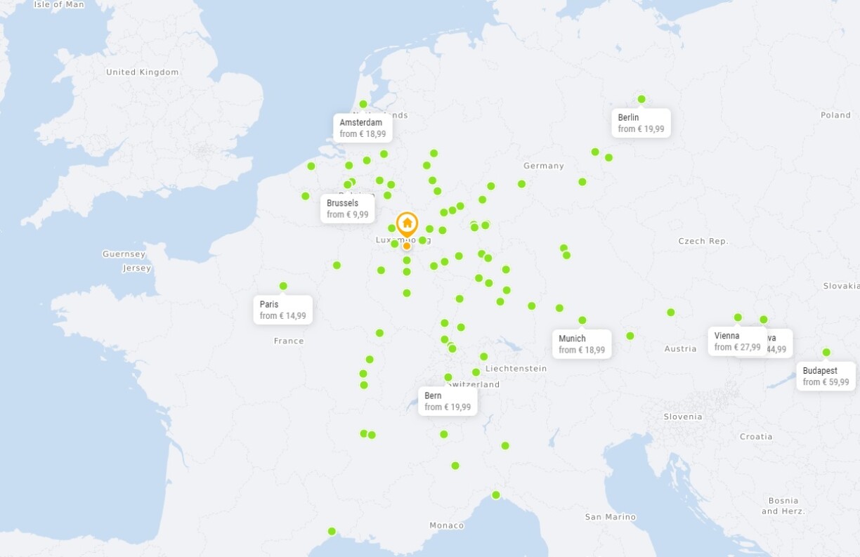 These destinations are either directly available from Luxembourg or reachable within one change over.