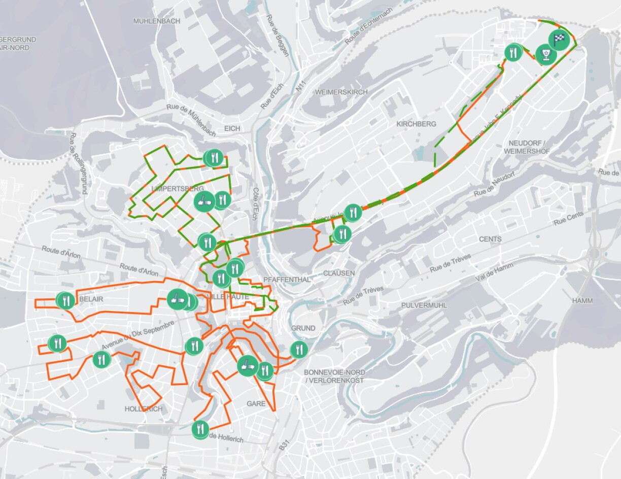 En vert, le parcours du semi-marathon. En orange, le parcours du marathon.