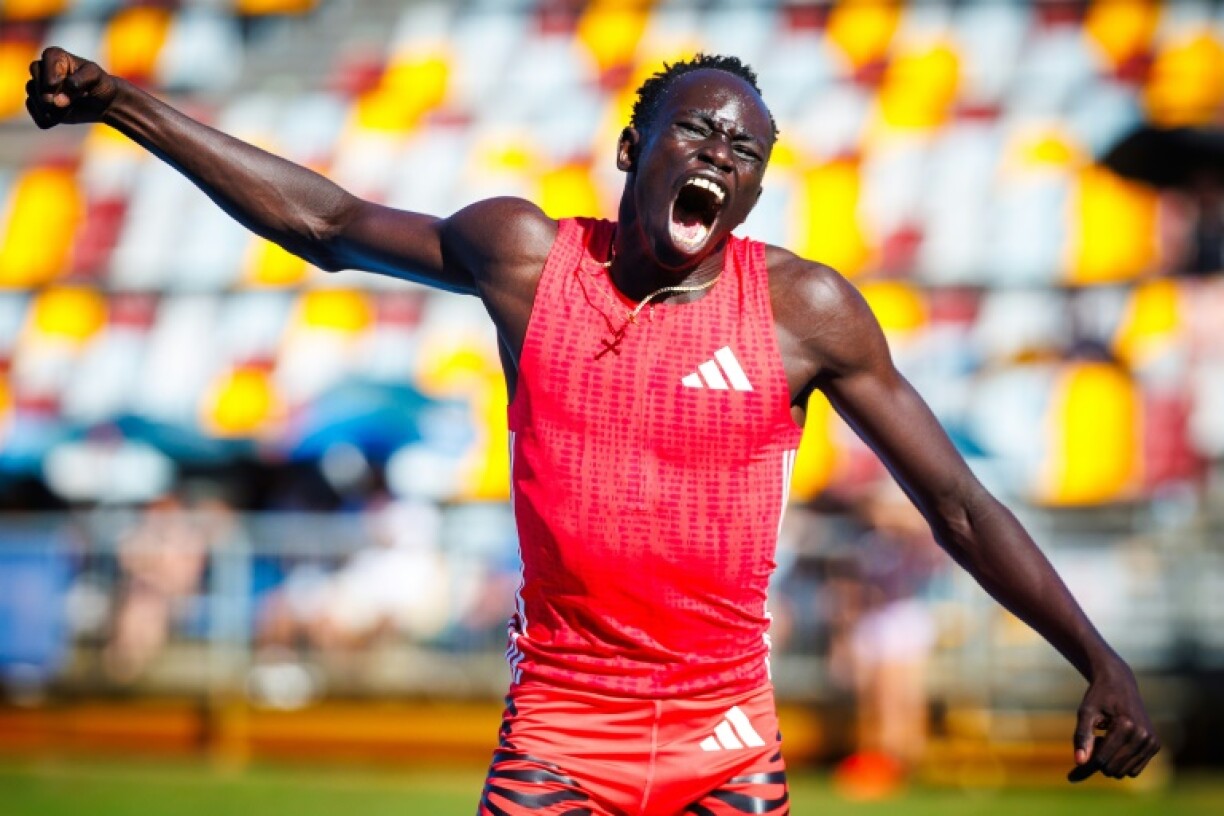 Australian schoolboy Gout Gout celebrates after running the fastest 200m in the world this year