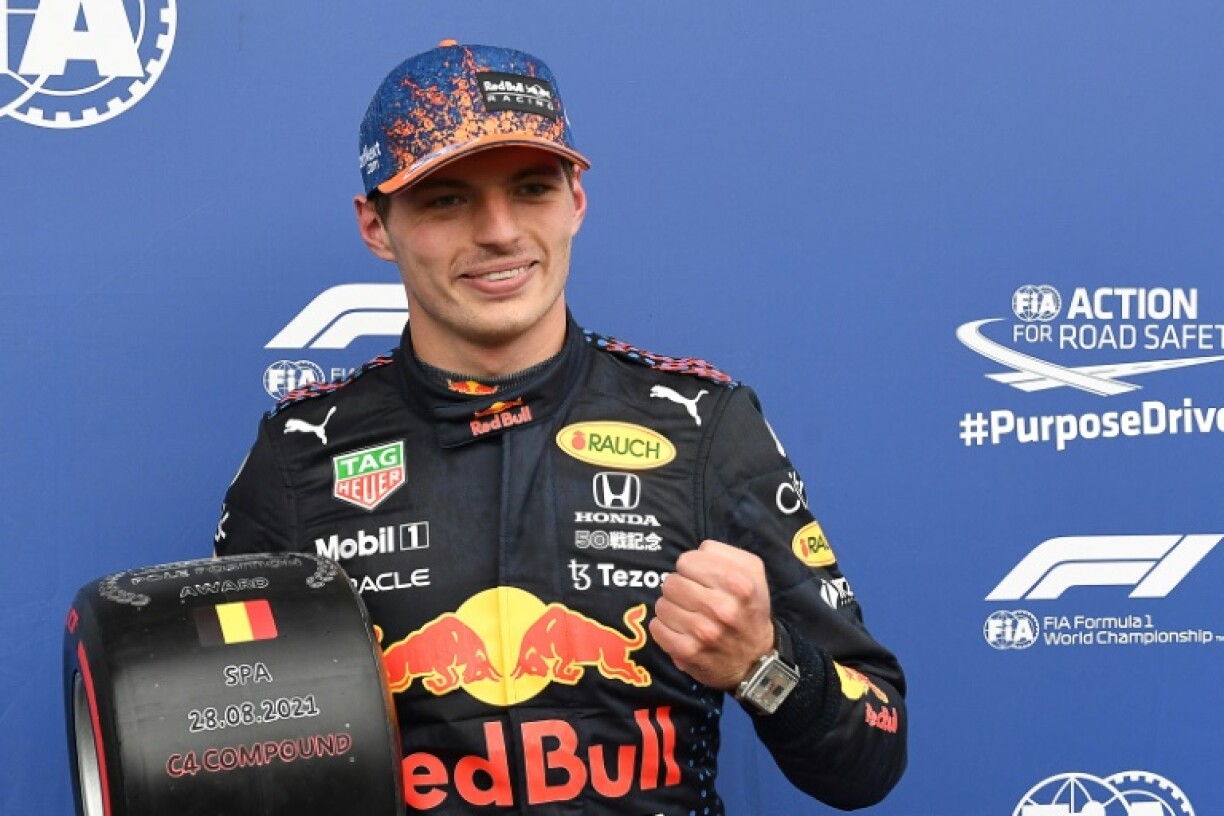 Le Néerlandais Max Verstappen (Red Bull) après avoir obtenu la pole position lors des qualifications du GP de F1 de Belgique, le 28 août 2021 à Spa-Francorchamps