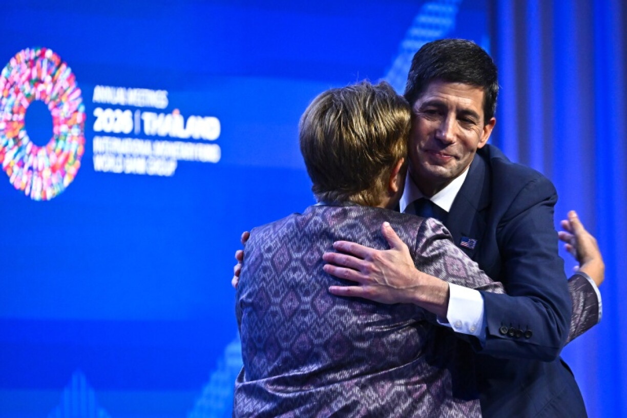 Chairman of the US Federal Reserve Kevin Warsh (R) appeared alongside IMF Managing Director Kristalina Georgieva (L) during a "fireside chat" at the Annual Meetings of the International Monetary Fund (IMF) and the World Bank