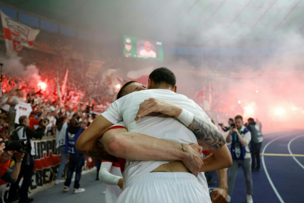 Lift off for Stuttgart as French midfielder Enzo Millot (front) celebrates scoring his team's fourth goal with Jeff Chabot