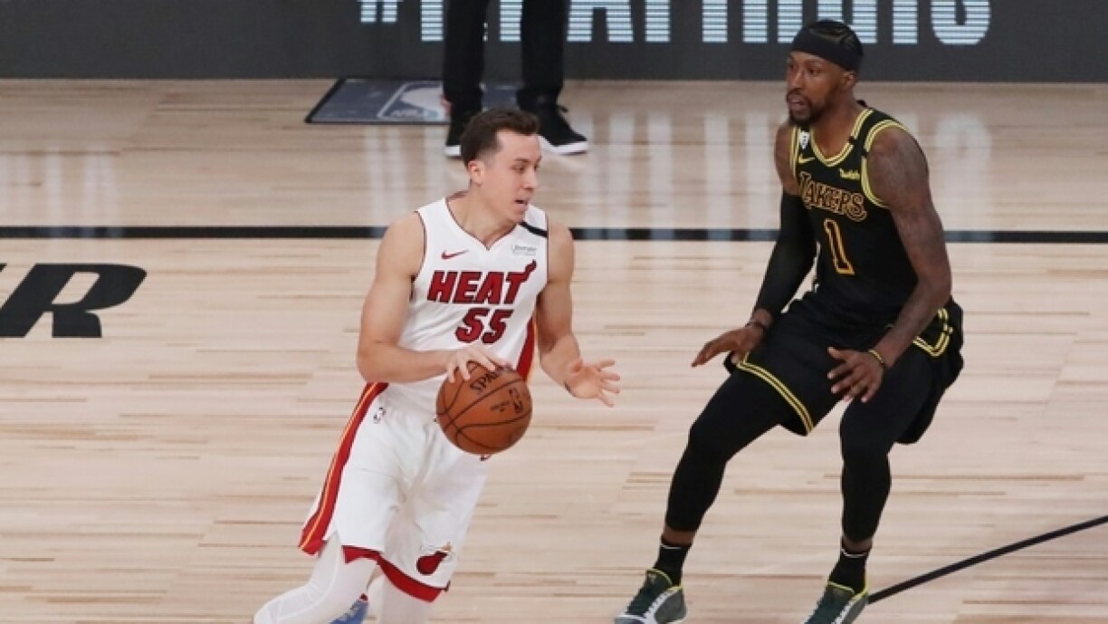 Duncan Robinson pour le Heat de Miami, vainqueur du match 5 de la finale NBA contre les Lakers de Los Angeles, le 9 octobre 2020 à Lake Buena Vista, en Floride.
