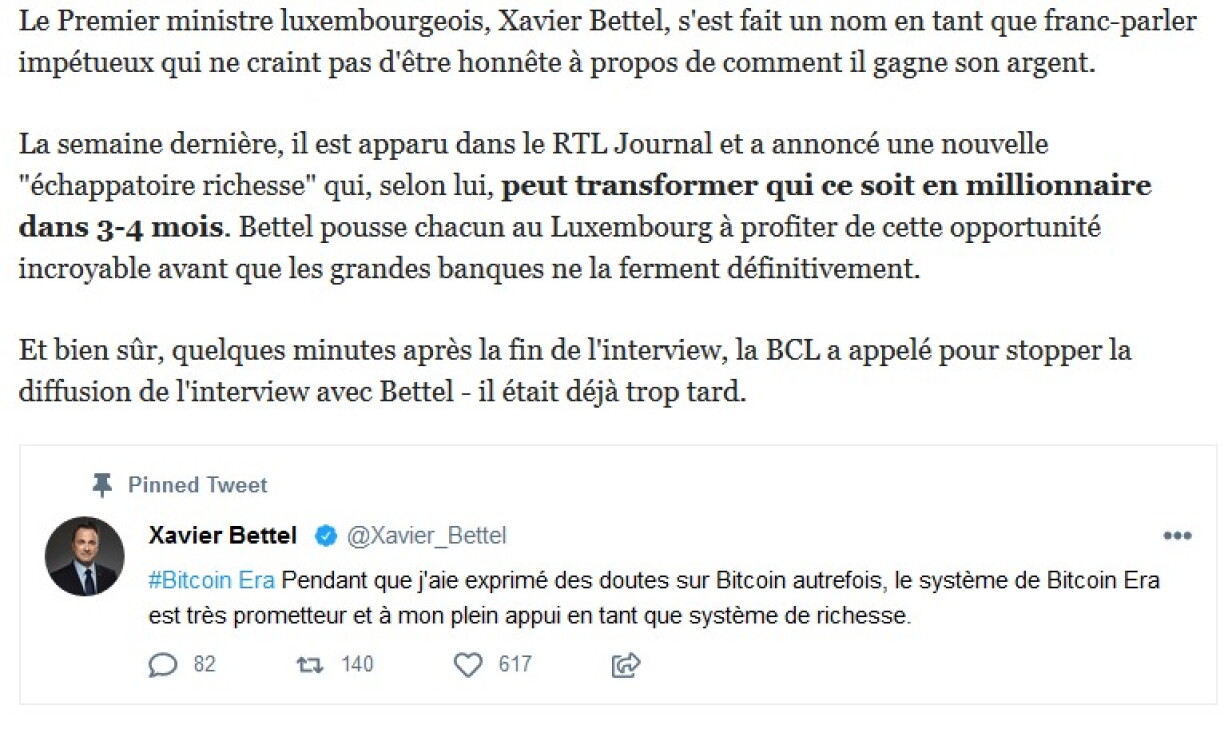Impression écran de l'arnaque diffusée sur les réseaux sociaux au Luxembourg.