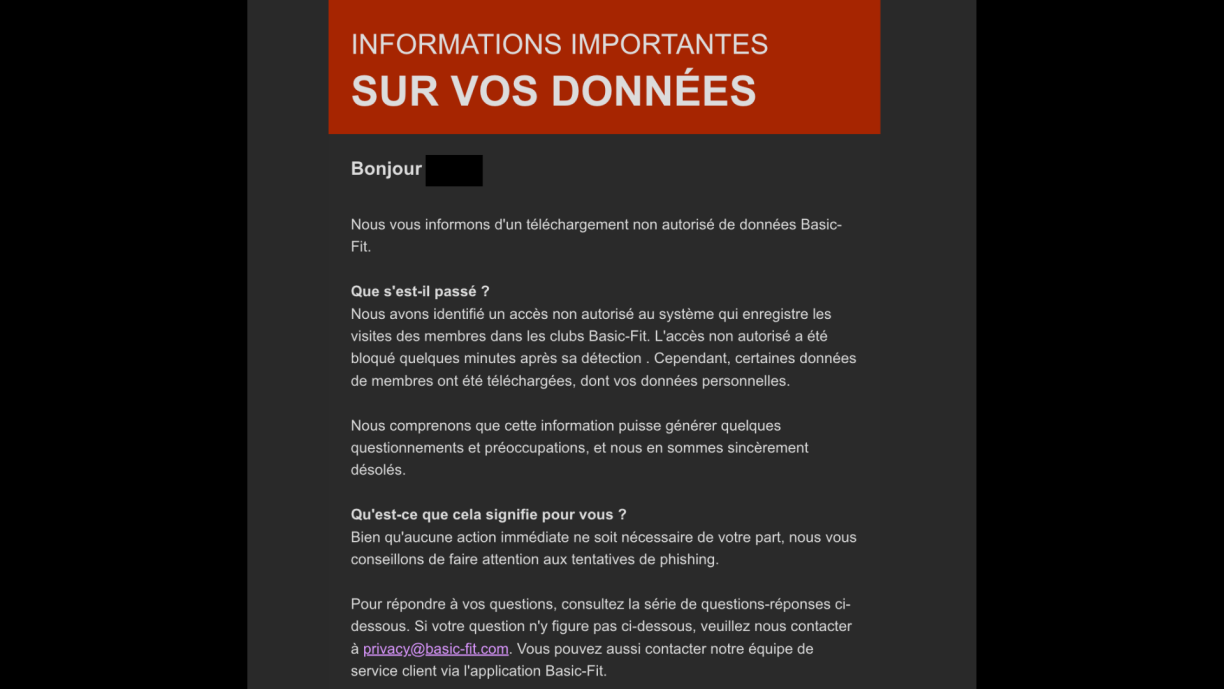 Email sent by Basic-Fit to affected customers (in French).