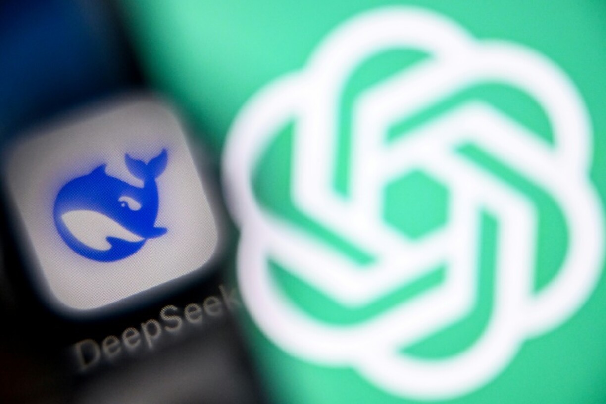 A photo taken on April 1, 2025 shows the GPT chat logo on a laptop screen (R) next to the logo of Deepseek AI application on a smartphone screen in Frankfurt am Main, western Germany.