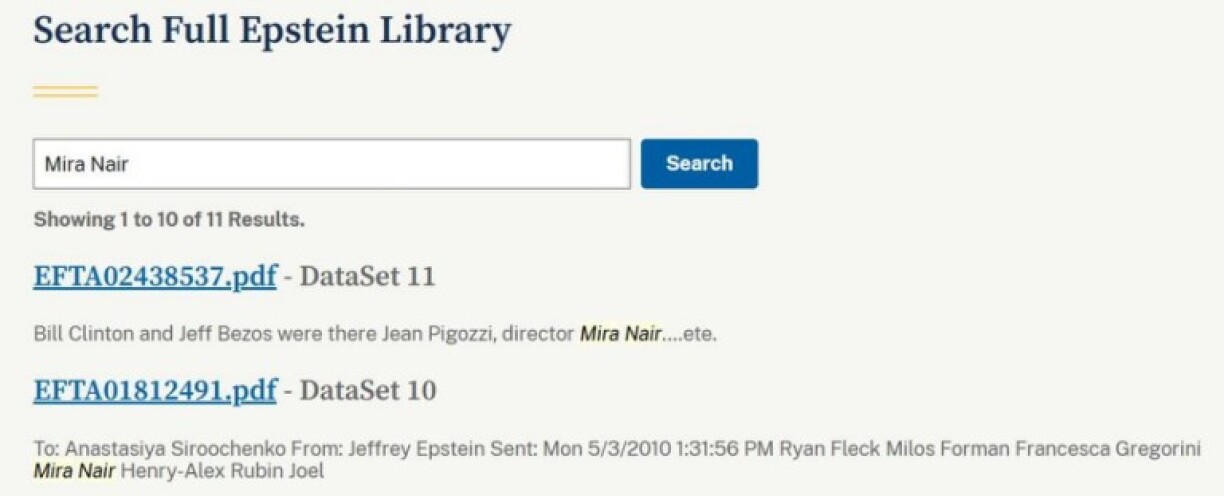 Screenshot taken from the Epstein Library database on the US Department of Justice website on February 3, 2026