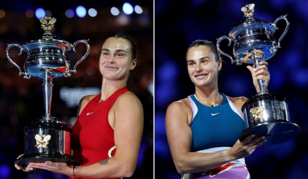 Hat-trick bid: Aryna Sabalenka is aiming to lift the Daphne Akhurst Memorial Cup awarded to the winner of the Australian Open for the third year running, after triumphs in 2024 (left) and 2023