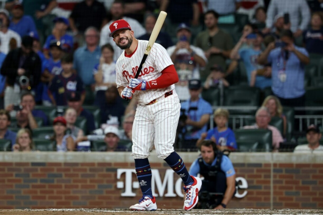 National League slugger Kyle Schwarber reacts after hitting his third home run in a tie-breaker swing-off to give his team a 4-3 victory over the American League after the clubs played to a 6-6 draw in the 95th MLB All-Star Game