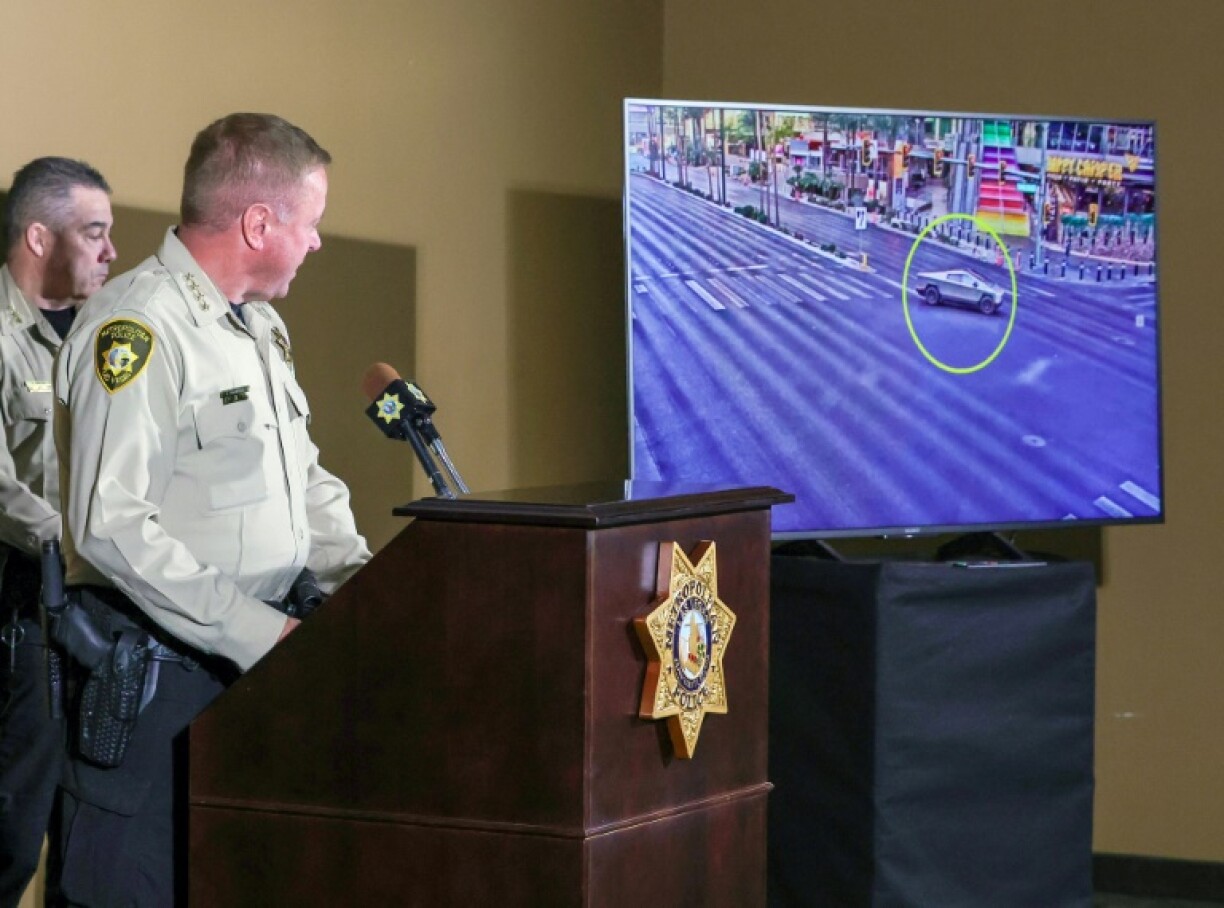 A monitor displays a video image of the Tesla Cybertruck on the Las Vegas Strip before it parked outside the Trump International Hotel and exploded