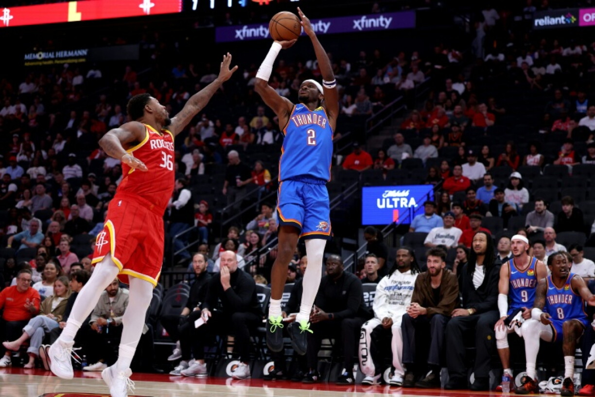 Two-time MVP: Olahoma City Thunder star Shai Gilgeous-Alexander puts up a jump shot in an NBA preseason game