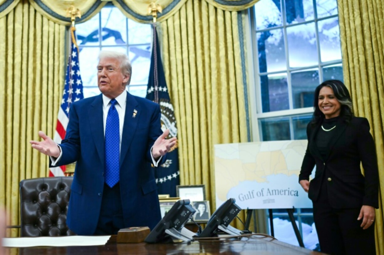 US President Donald Trump speaks after Tulsi Gabbard (R) was sworn in as director of national intelligence in the Oval Office, but an Associated Press reporter was barred from attending over the renaming issue of the Gulf of America