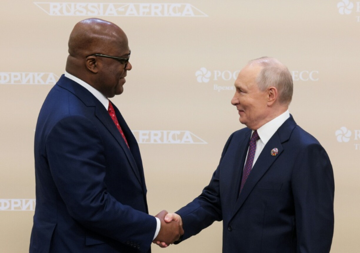 Russia's President Vladimir Putin welcomes DR Congo President Felix Tshisekedi for the Russia-Africa economic and humanitarian forum in Moscow