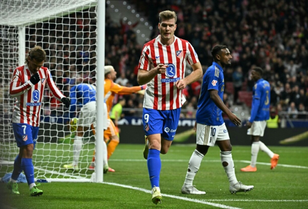 Atletico Madrid's Norwegian forward Alexander Sorloth celebrates scoring his team's first goal against Real Oviedo