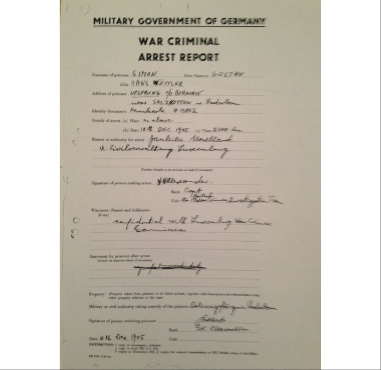 The War Criminal Arrest Report filed by Captain Alexander.