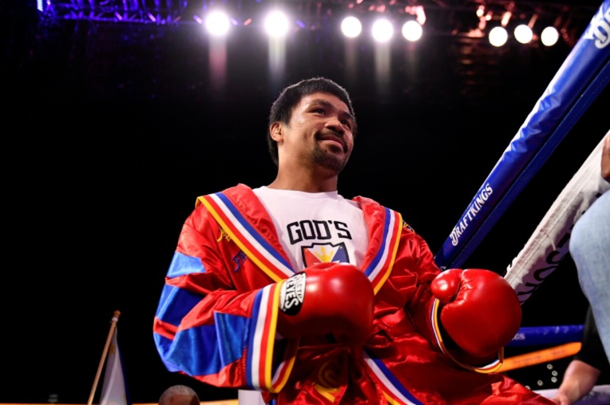 Le boxeur philippin Manny Pacquiao à l'entrée de son dernier combat, contre le Cubain Yordenis Ugas le 21 août 2021