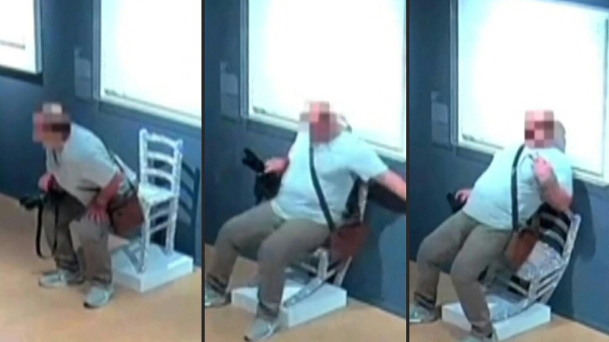 A combination of video grab taken from CCTV footage released by Palazzo Maffei museum on June 16, 2025 shows a tourist breaking a crystal-covered chair on display as he poses for pictures at Palazzo Maffei museum in Verona, before fleeing once the damage became apparent. The “Van Gogh” chair by artist Nicola Bolla was described by the Palazzo Maffei museum as