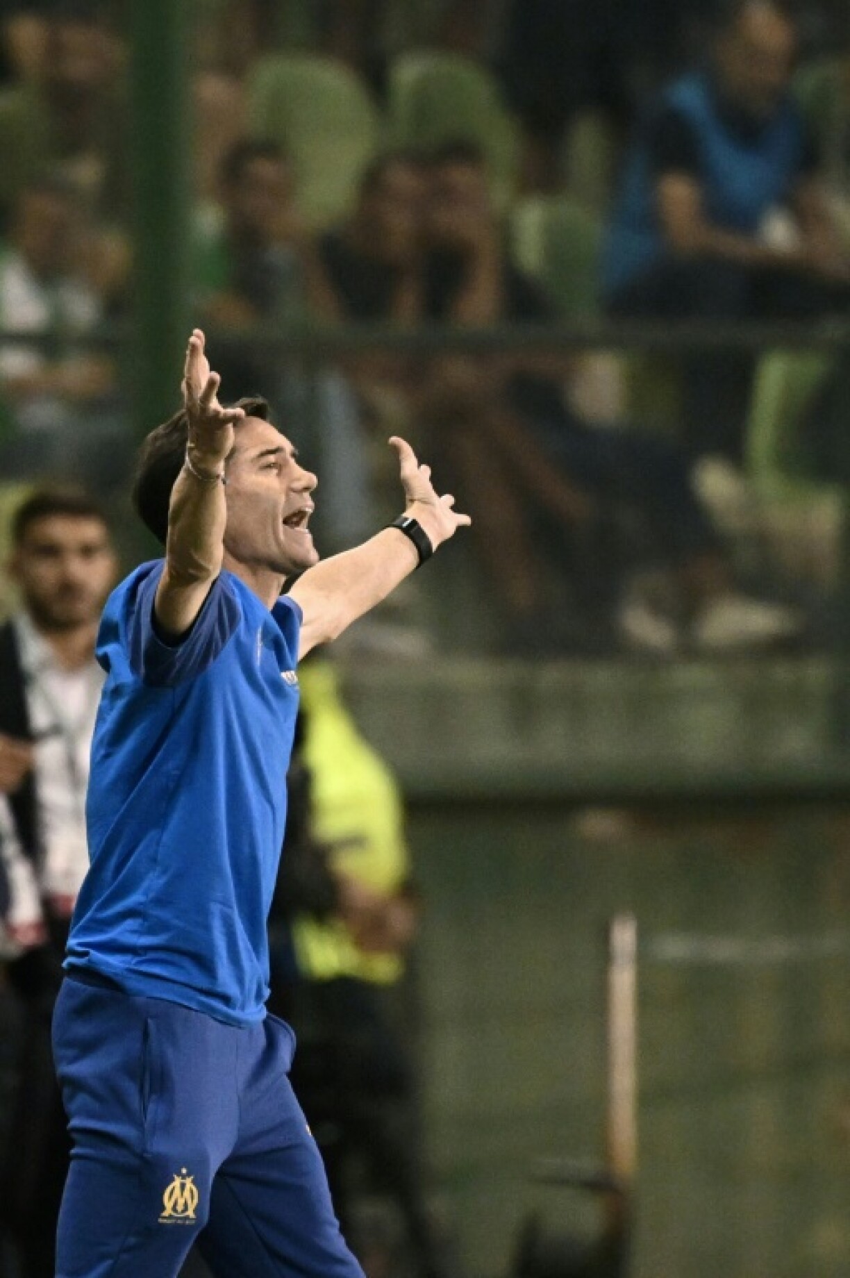 L'entraîneur espagnol de l'OM Marcelino lors du match contre le Panathinaïkos, le 9 août 2023 à Athènes