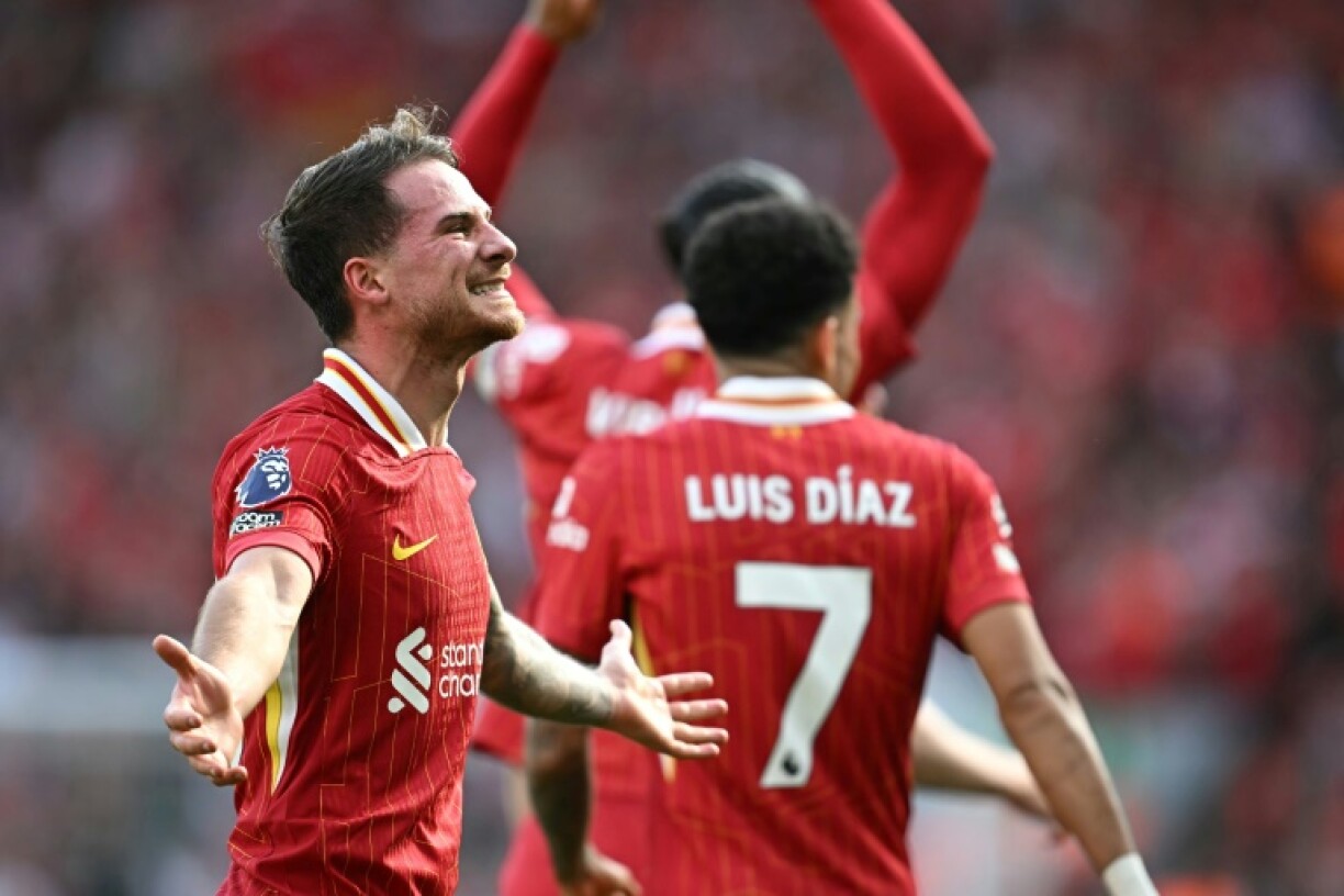Liverpool midfielder Alexis Mac Allister celebrates his goal against Tottenham at Anfield