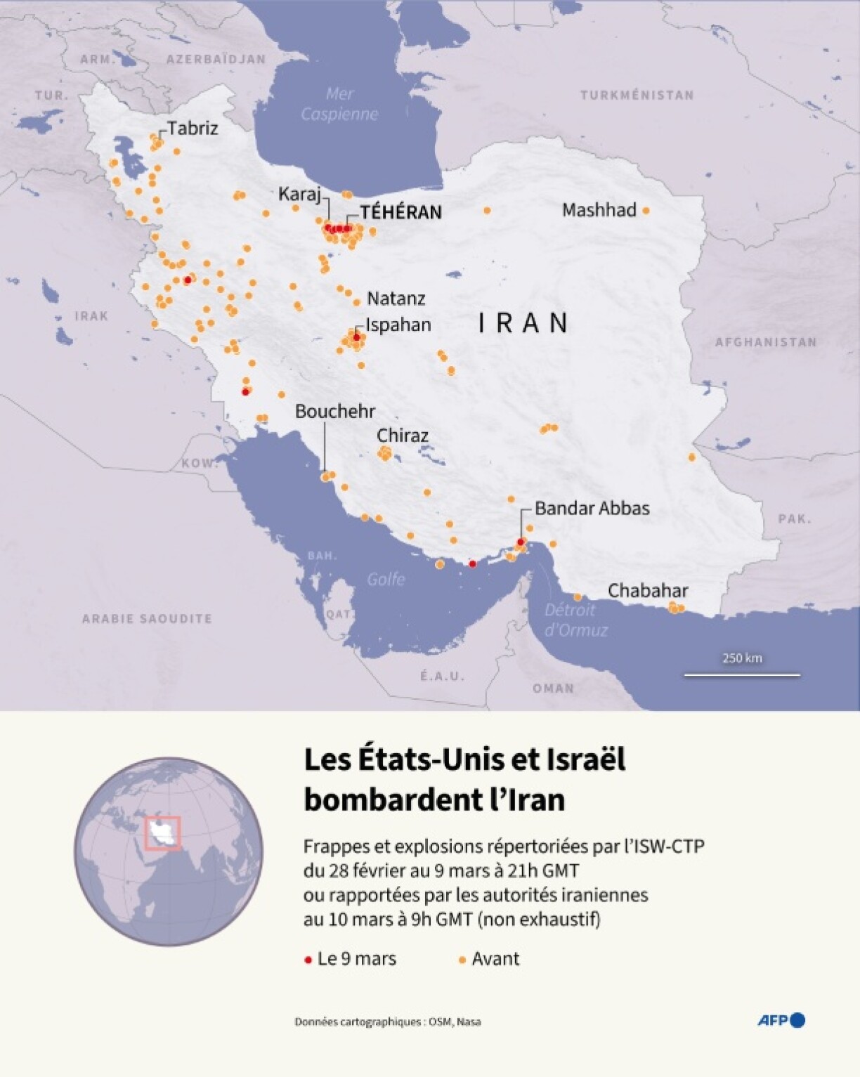 Carte d'Iran localisant des frappes et explosions répertoriées par l'Institute for the Study of War and AEI's Critical Threats Project, au 9 mars à 21h GMT, ou rapportées par les autorités iraniennes au 10 mars à 9h GMT (non exhaustif), depuis le 28 février, début de la guerre des États-Unis/Israël et de l'Iran