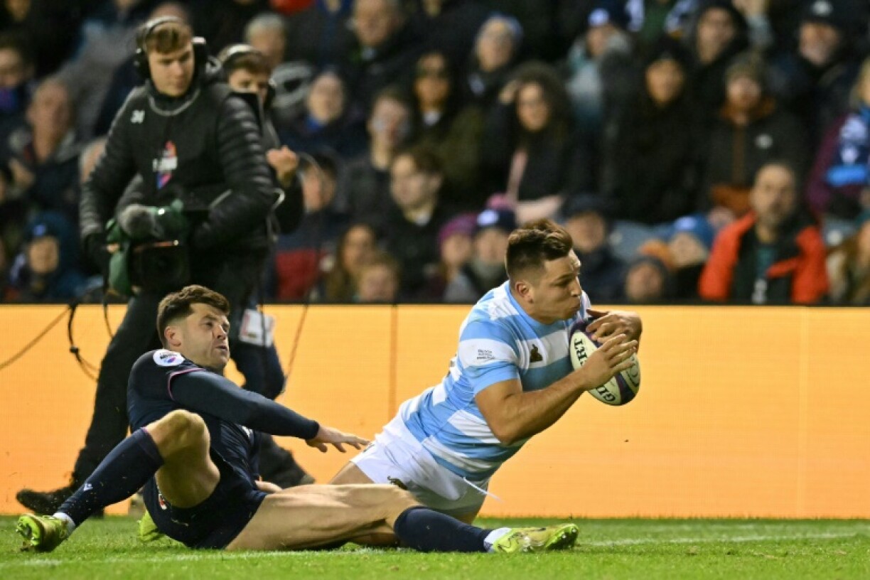 Argentina's Justo Piccardo dives over the line to score a late try during a 33-24 Autumn Nations Series win over Scotland at Murrayfield