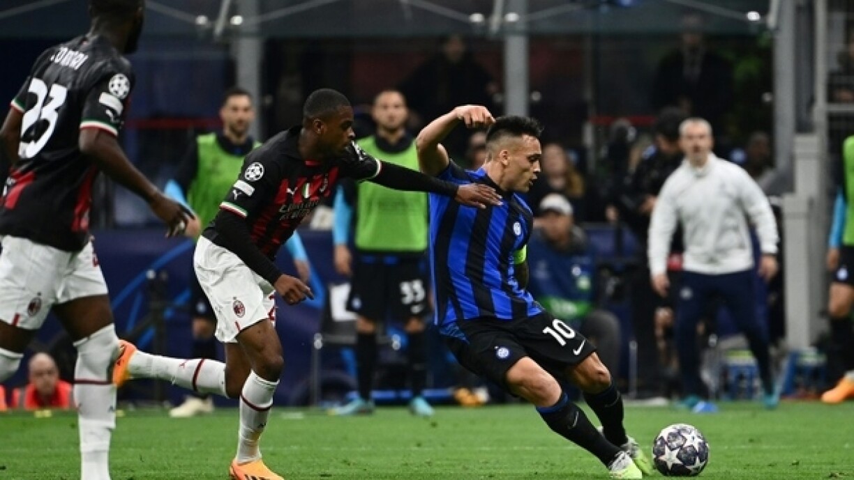 Le capitaine de l'Inter Lautaro Martinez inscrit l'unique but de la demi-finale retour contre l'AC Milan à San Siro, le 16 mai 2023