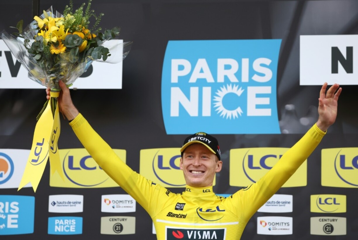 Team Visma-Lease a Bike's US rider Matteo Jorgenson wearing the overall leader's yellow jersey