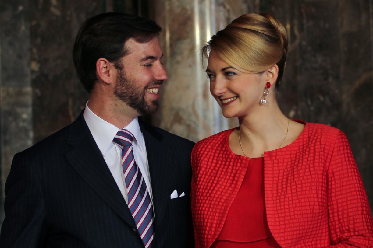 Hereditary Grand Duke Guillaume and Stéphanie de Lannoy announce their engagement in April 2012 at Berg Castle.
