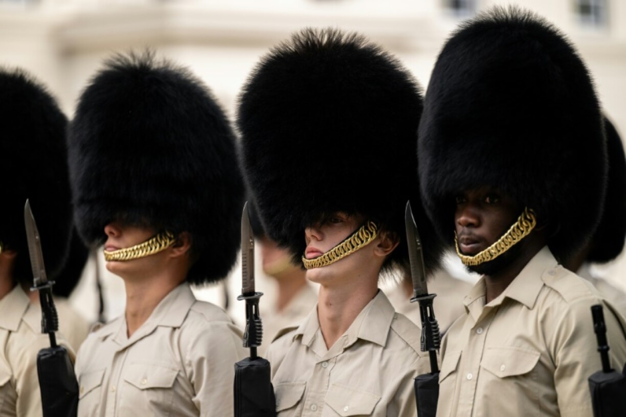 Military personnel take part in a Guard of Honour rehearsal session, ahead of a state visit by US President Donald Trump and First Lady Melania Trump, at Wellington Barracks in Windsor