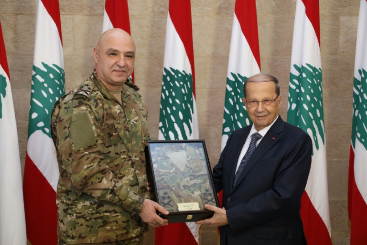 Lebanon's army chief Joseph Aoun (left) could fill the vacancy left by former president Michel Aoun (right)