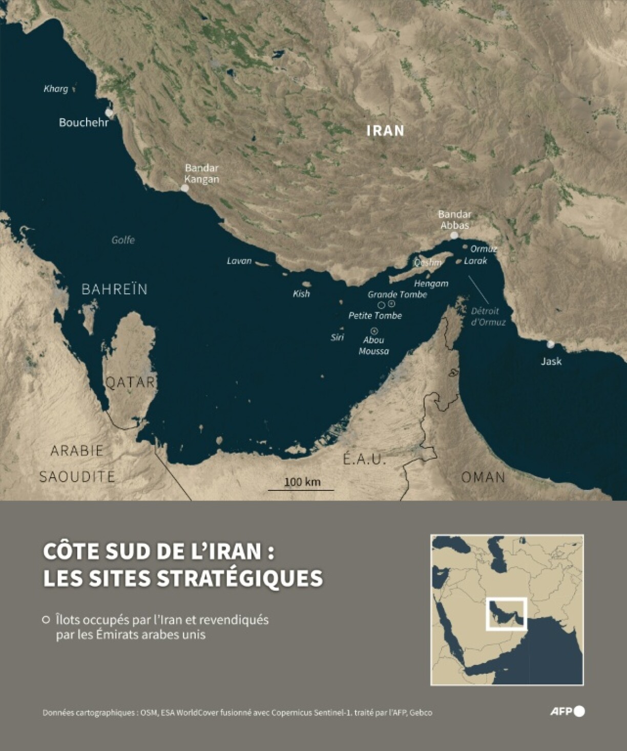 Carte montrant les sites stratégiques à proximité ou sur la côte sud de l'Iran