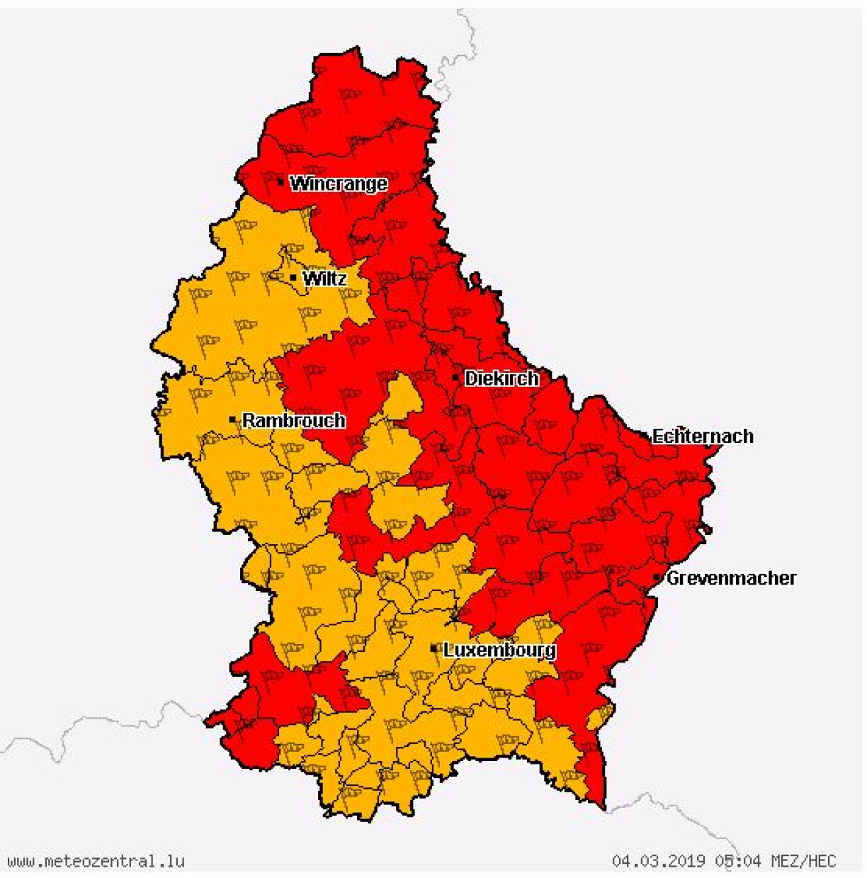 Ähnlech wéi Meteolux warnt och d'Meteozentral um Méindeg viru markantem Wieder mat Wandspëtzte vu bis zu 100 km/h.