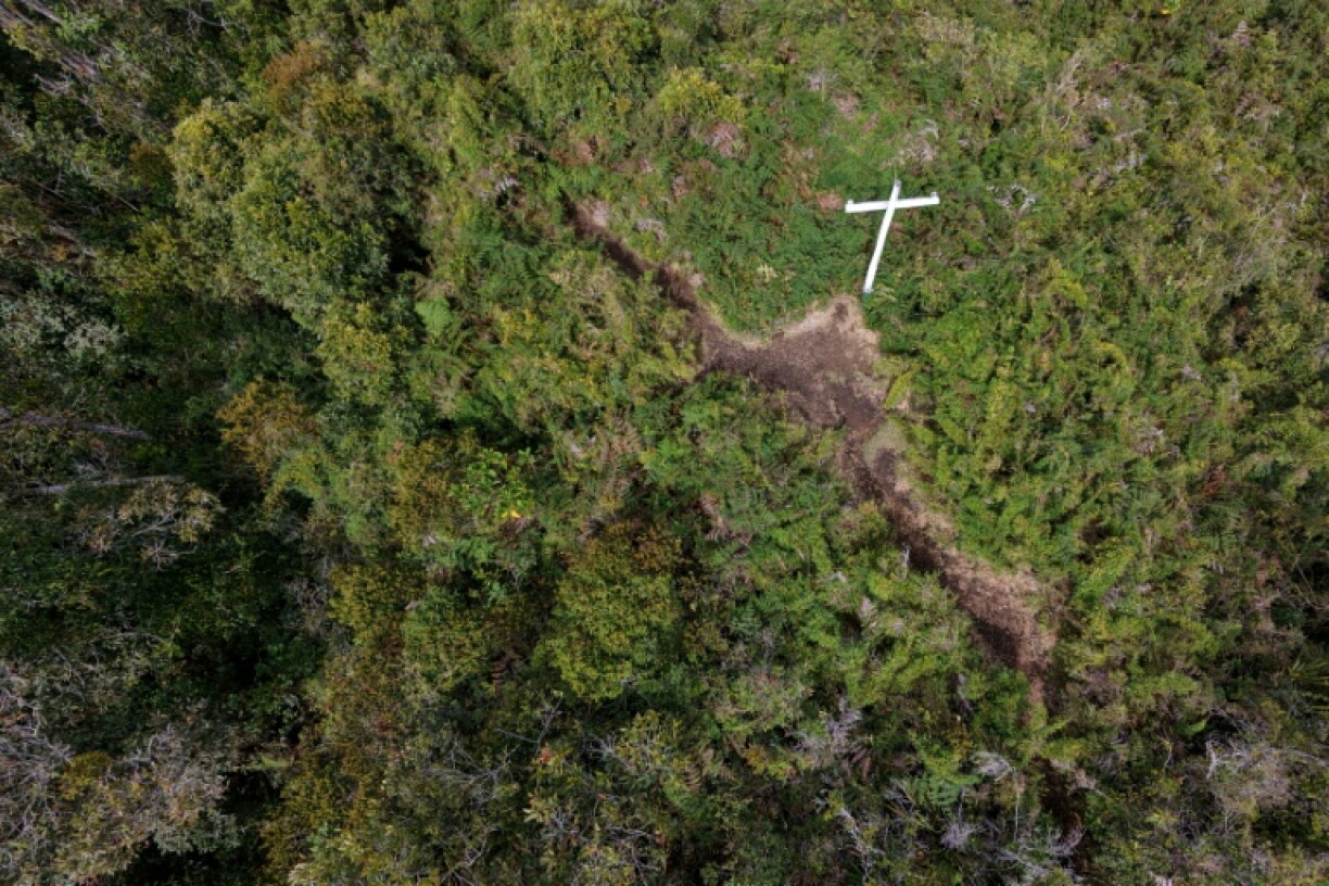A cross marks the site of the plane crash that wiped out Brazil's Chapecoense football team in Colombia in November 2016, as they were on their way to a Copa Sudamerica final in Medellin