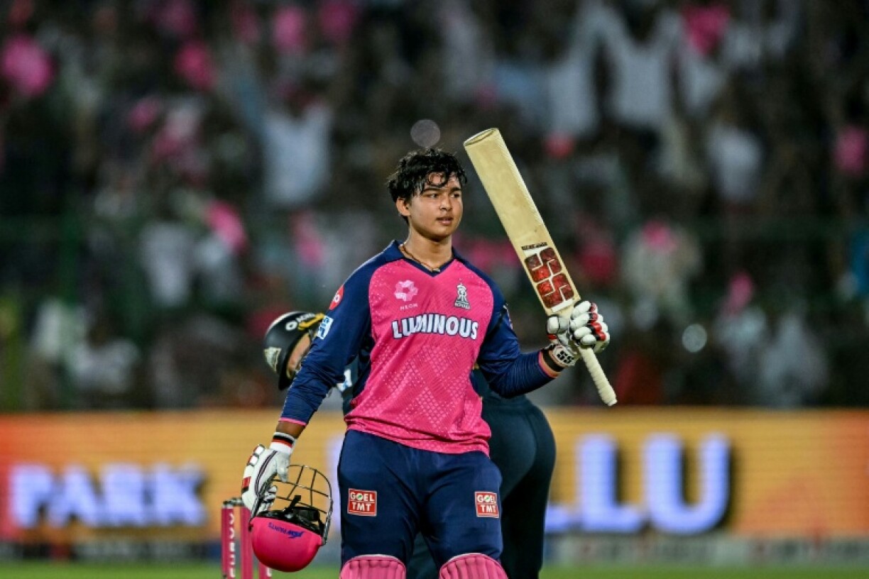 Rajasthan Royals' Vaibhav Suryavanshi celebrates after scoring a century on April 28