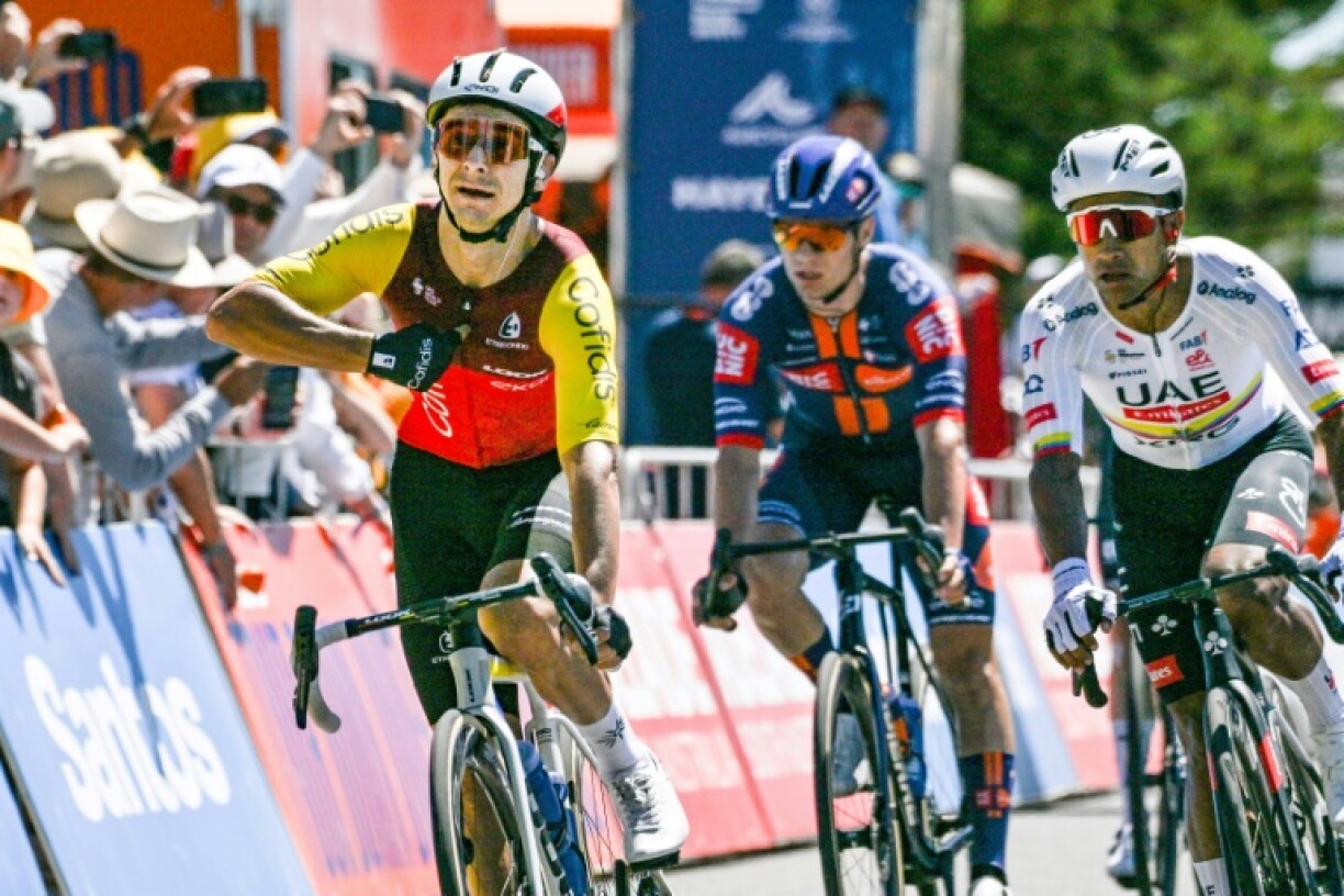 Cofidis rider Bryan Coquard (left) reacts after winning stage 4 of the Tour Down Under in Adelaide