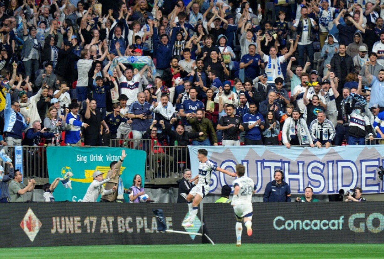 Sebastian Berhalter celebrates after his goal in the Vancouver Whitecaps' 2-0 win over Inter Miami in the CONCACAF Champions Cup semi-final, first-leg on Thursday.