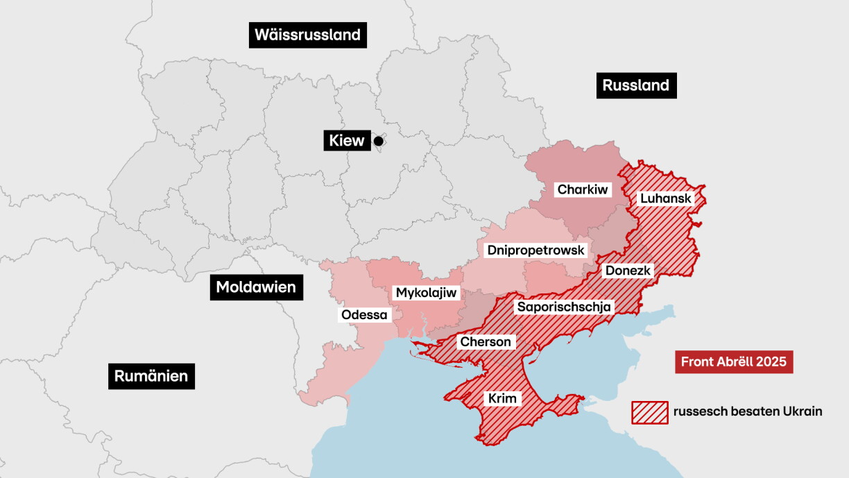 Kaart vun der Ukrain mat "Novorossija" an der Front vum Abrëll 2025
