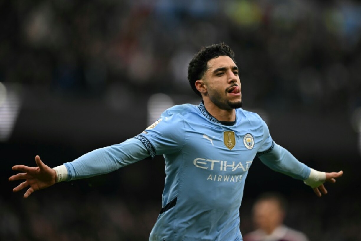 Omar Marmoush celebrates the first goal of his hat-trick for Manchester City against Newcastle United.