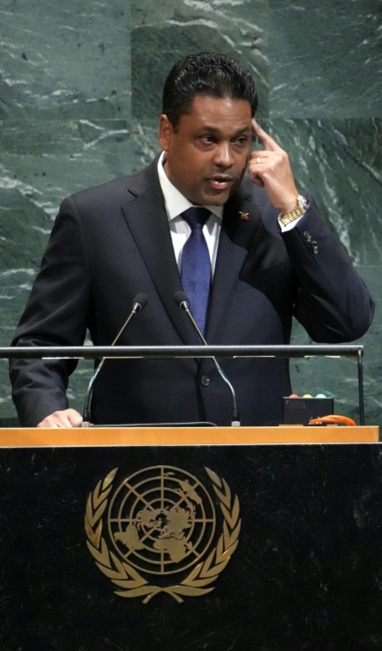 Laurent Saint-Cyr, chairman of Haiti's Transitional Presidential Council, speaks during the General Debate of the United Nations General Assembly at UN headquarters