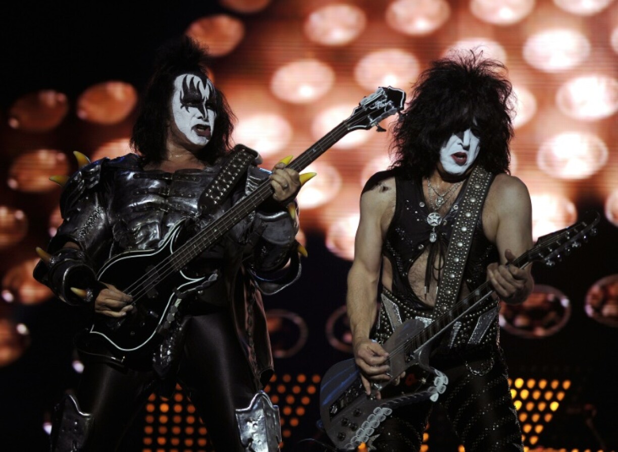 KISS founding members Gene Simmons (L) and Paul Stanley perform in 2012; they will be honored at the Kennedy Center