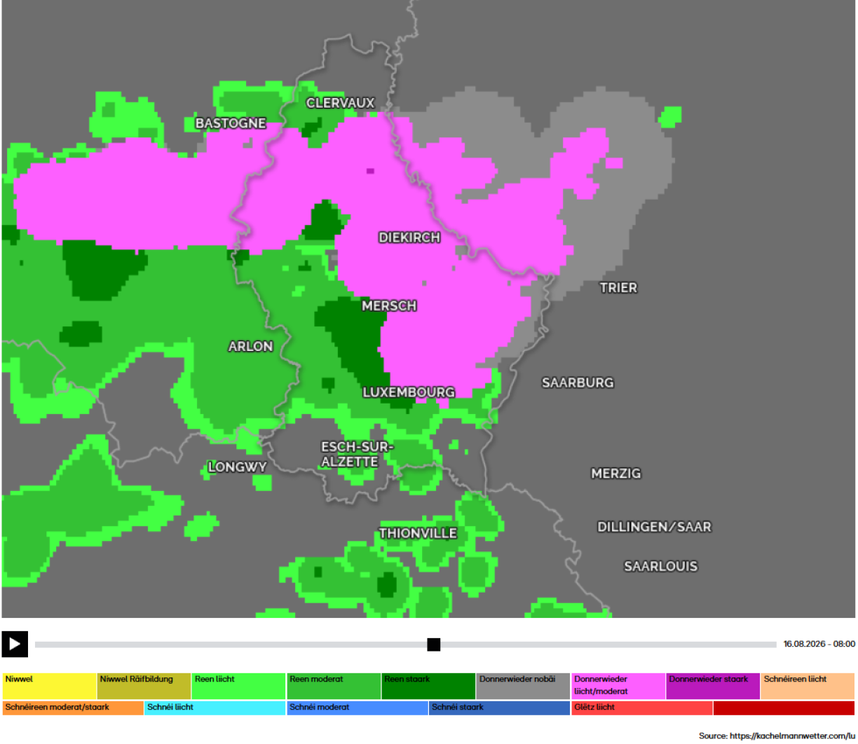 Am Reenradar vu Kachelmannwetter konnt een um Freideg den Owend gesinn, dass et e Sonndeg de Moien eventuell op méi Plazen am Land zu engem Donnerwieder ka kommen.