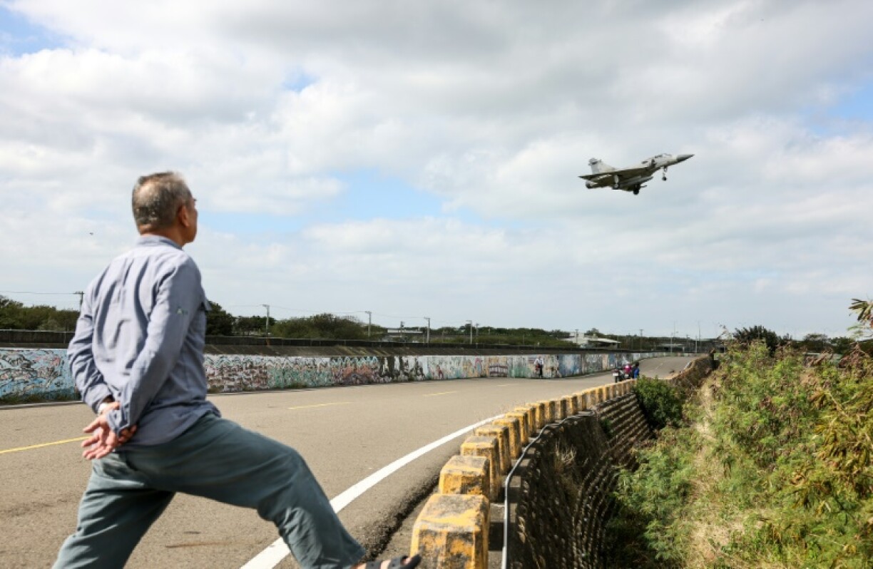 A Taiwanese Air Force Mirage 2000 fighter jet prepares to land at an Air Force base in Hsinchu