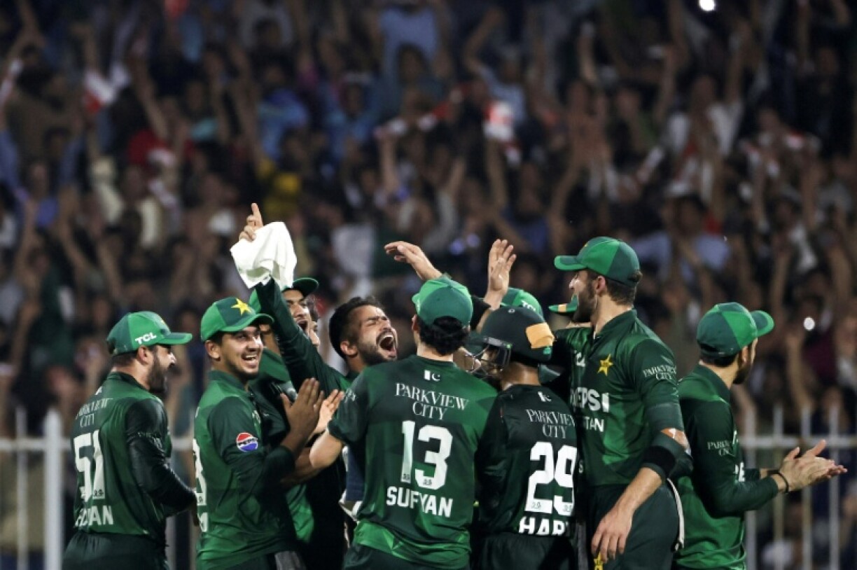 Pakistan's players celebrate Mohammad Nawaz's hat-trick against Afghanistan