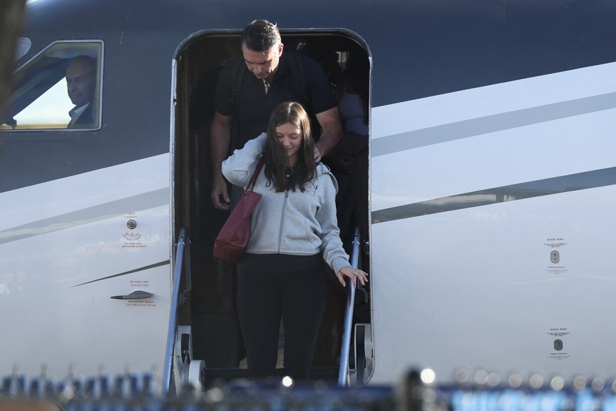 Flavio Bolsonaro steps off a plane after arriving at Opa Locka Executive Airport in Miami, Florida on October 28, 2026.
